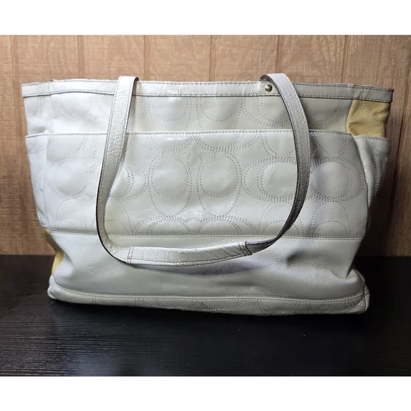 Coach Taylor Signature White Leather Baby Diaper Bag Tote Authentic - Picture 3 of 5